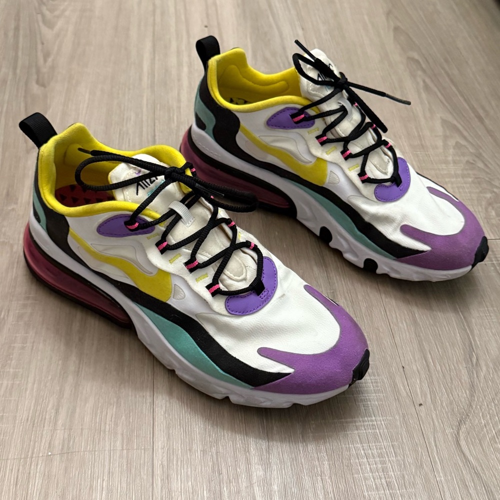 Nike Air Max 270 React Purple, Yellow, and Teal Chunky Sole Sneakers. Size 9.